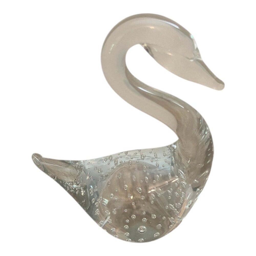 Handblown Glass Swan Paperweight With Controlled Bubbles 5.5"